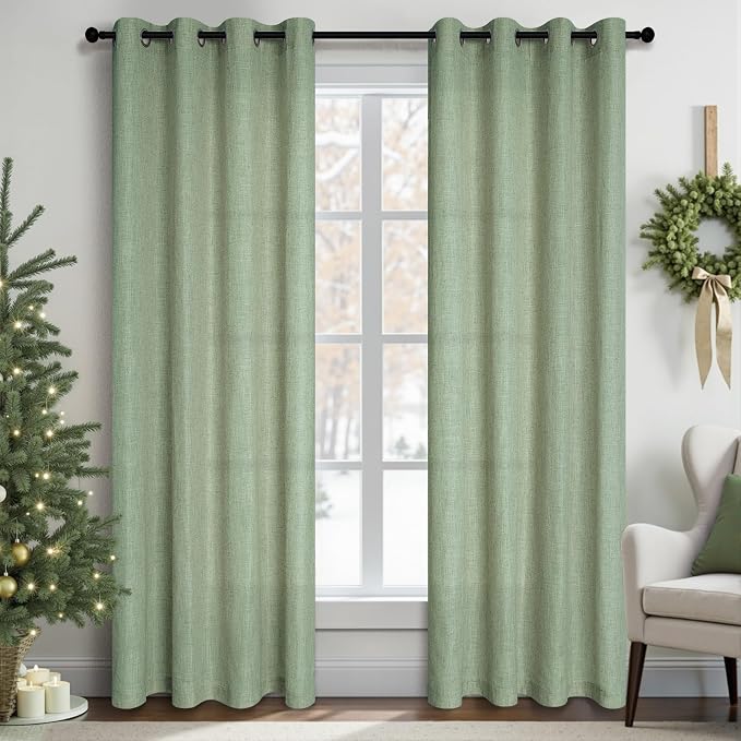 Light Sage Green 108 Inches Long Curtains for Living Room 2 Panels Grommet Elegant Rustic Textured Light Filtering Semi Sheer Large Window Extra Long Linen Farmhouse Drapes for Sliding Glass Door 9FT