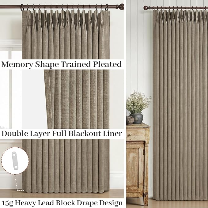 Greyish Beige Double Layer Linen Blackout Curtains 96 Inches Long for Bedroom, Memory Trained Pinch Pleated Insulated Rustic Windows Curtain Room Darkening 40x96 Inch Length Oak Taupe Drapes 2 Panels