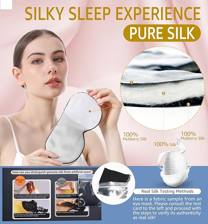 Luxury Pure Silk Sleep Mask | 100% Natural Mulberry Silk | Double-Sided Softness | Adjustable Strap & Full Light Blocking | Perfect for Travel, Office Naps & Nighttime Sleep (Gray)