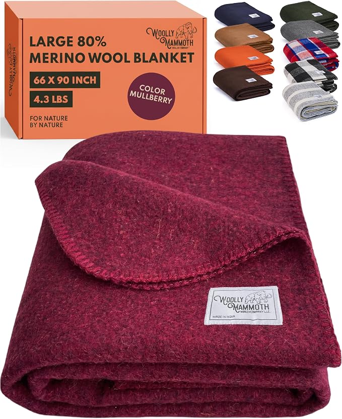 Woolly Mammoth Woolen Company Merino Wool Blanket, 66" x 90" Mulberry | Temperature Regulating - Fire-Resistant - Warm Camping Blanket for Car Emergency Kits, Picnics, Summer Festivals and Stadiums