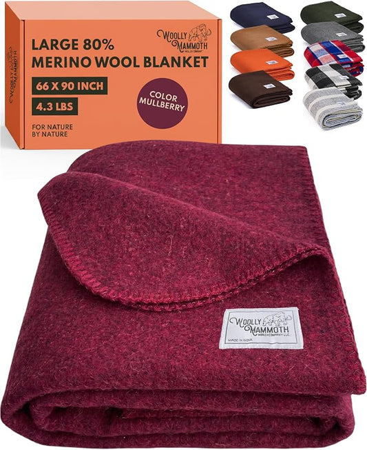 Woolly Mammoth Woolen Company Merino Wool Blanket, 66" x 90" Mulberry | Temperature Regulating - Fire-Resistant - Warm Camping Blanket for Car Emergency Kits, Picnics, Summer Festivals and Stadiums