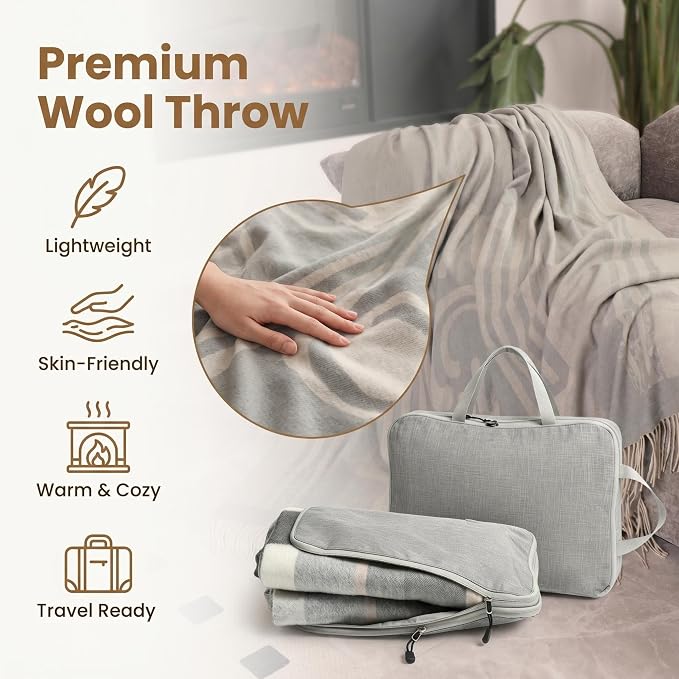 Pure Wool Jacquard Throw Blanket, Large 55x83 inches, 1.5 lbs, Soft Throw Blanket with Grey Leather Bag,Compact & Portable Large Blanket for Travel, Car, Picnic & Camping