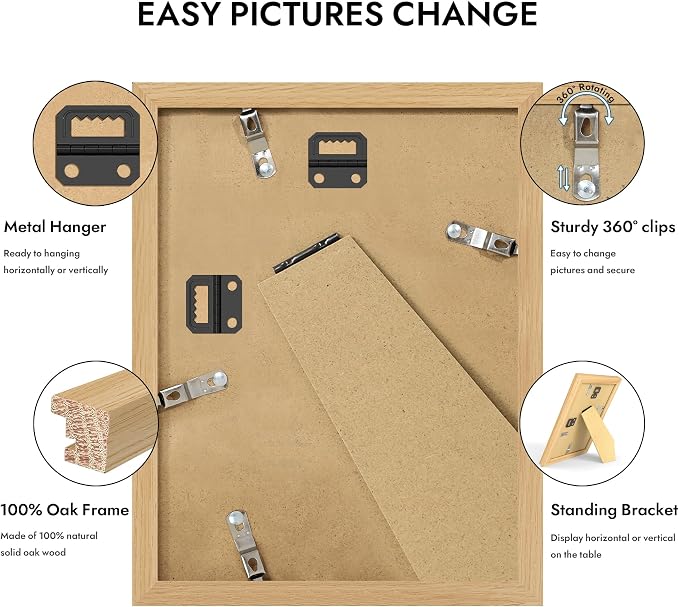 Hongkee 6x8 Oak Wood Picture Frame 1 Pack(Matted 5x7) with Real Glass Cover | Natural, 6 x 8 Solid Wood Frame for Wall or Tabletop Display - Includes Easel Back, Vertical Hang - Ideal for Home, Office