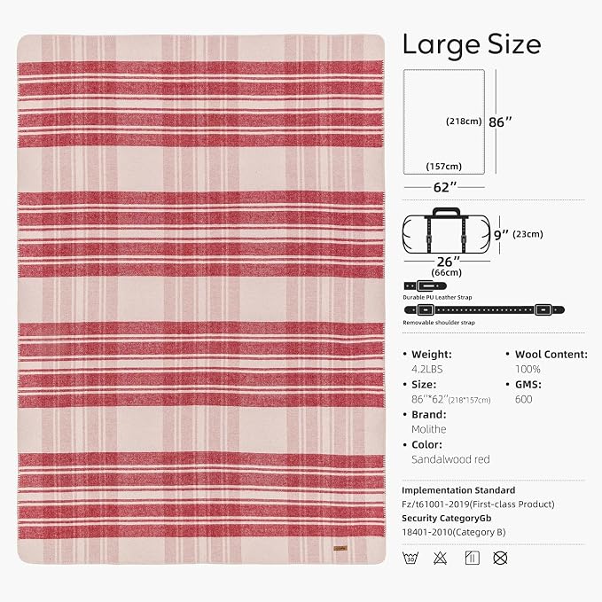 Molithe 100% Wool Blanket, 62" x 86", Warm, Thick, Washable, Military | Great for Camping, Outdoors, Sporting Events, Survival Kits SandalwoodRed