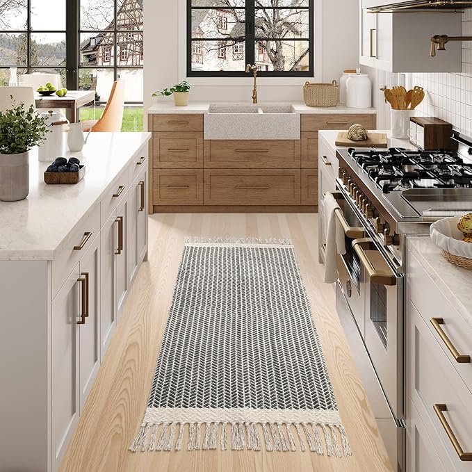Lahome Belle Boho Kitchen Runner, 2x4.3 Bathroom Runner Rug Lightweight Entryway Rug Woven Cotton Throw Mat with Tassels, Farmhouse Non Shedding Washable Grey Rugs Low Pile for Bedroom Doorway