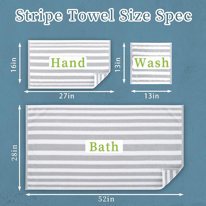 Waffle Bath Towels, 4PC 28" x 52" - 100% Cotton | Quick Dry | Light Weight | Soft | Breathable, Striped Bath Towels for Bathroom, Shower Towel Gift Set, Gray Stripes and White Checker/Waffle