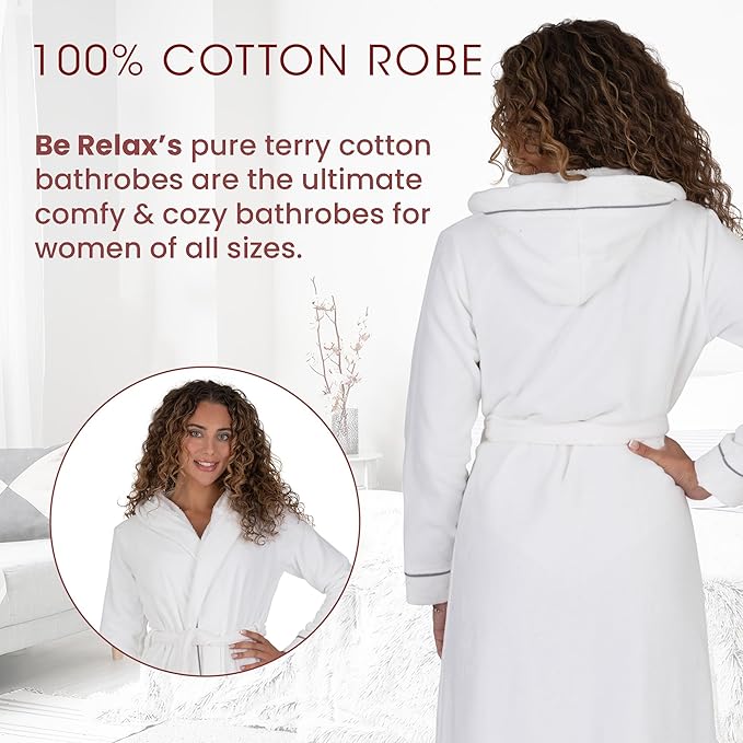 Be Relax Bathrobe for Women - Full Length Terry Cotton Robe with Shawl Collar and Hood, Warm and Cozy Robe with Belt & Pocket