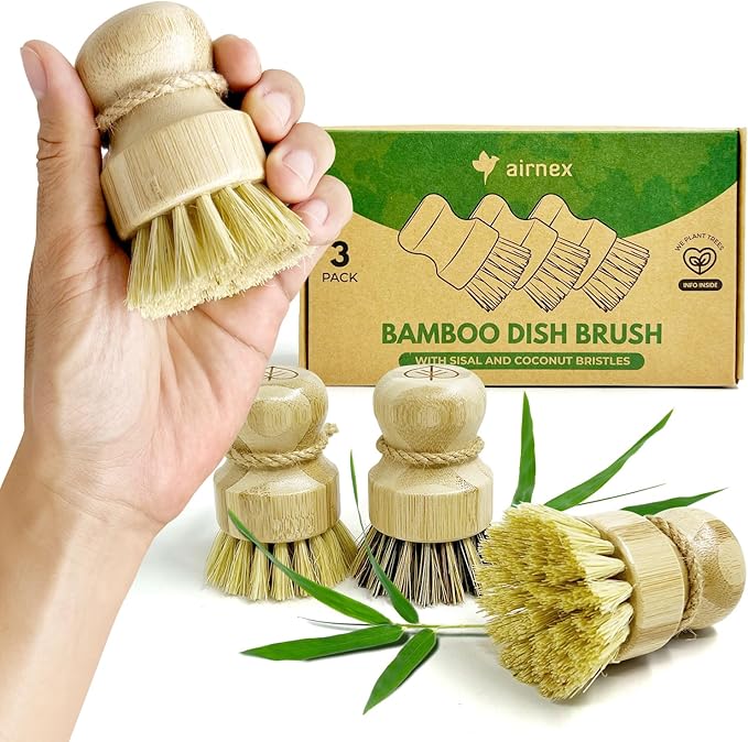 AIRNEX Bamboo Dish Brush Set of 3 - Natural Wooden Dish Scrubber w/Medium Stiff Sisal & Coconut Bristles - Kitchen Scrub Brush for Dishes, Pots & Pans - Plastic Free, Non Scratch Bristles