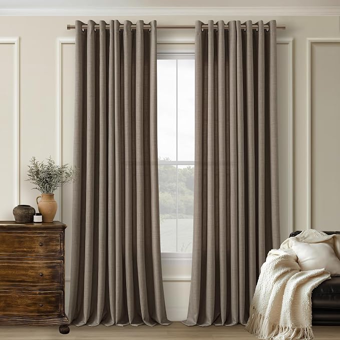 Chocolate Brown 100 Inch Curtains 2 Panels Set Faux Linen Bronze Grommet Semi Sheer Non-See-Through Drapes Boho Cottagecore Farmhouse High Ceiling Dark Brown Window Curtains for Living Room 52x100