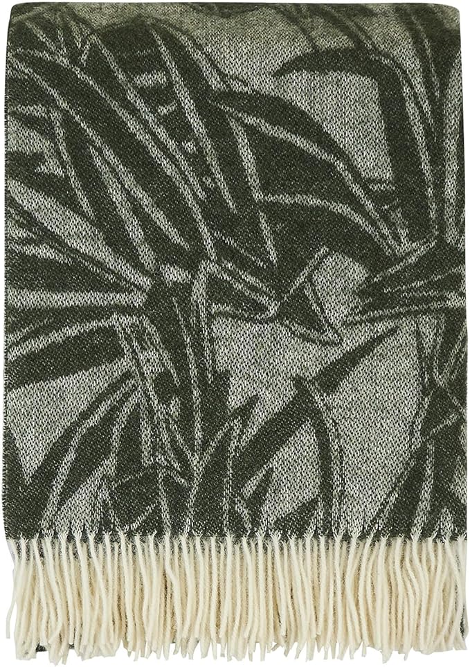 | Wool Blanket/Throw | 100% New Zealand Wool | Perfect for Home and Outdoors | Virgin Wool Blanket with Fringes 55"x79" (140 x 200 cm) (Emerald Leaves)