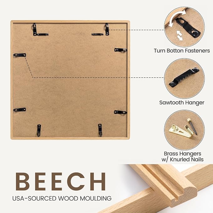 12x12 Frame, USA-Sourced Beech Wood Photo Frames with HD Tempered Glass, Handcrafted Rounded Corner Square Wooden Frames Matted to 8x8 Photos, 12x12 Picture Frame, Tabletop or Wall Display