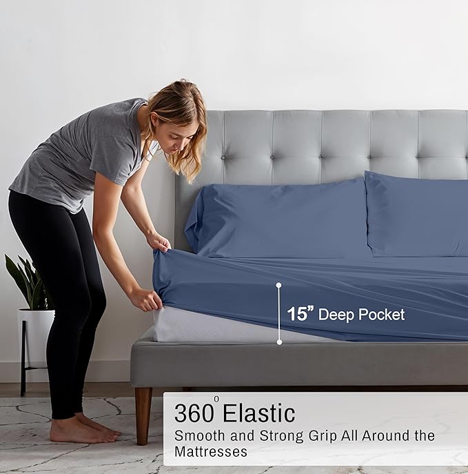 RUVANTI 100% Cotton Organic Percale Sheets King Size – Crisp Cooling Bed Sheets for Hot Sleepers, Deep Pocket 15”, Soft Peach Finish, Breathable & Durable Hotel-Style 4 Pcs, Wild Wind