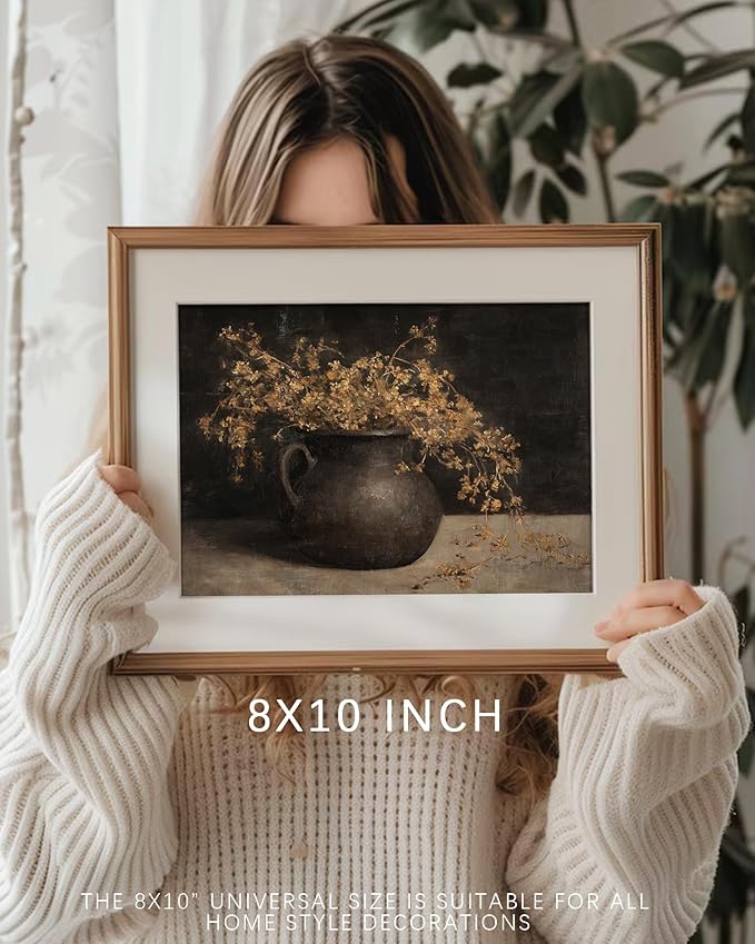 Vodefoad Vintage Wall Art for Home Decor, Farmhouse Rustic Dark Floral Autumn Painting, Moody Warm French Country Cottage Botanical Wall Decor Canvas Artwork for Bathroom, Living Room, Desktop Wall Art decor - 8x10Inch Unframe