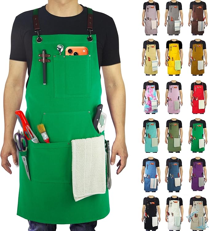 Kitchen Apron, Work Apron, Canvas, Multiple Pockets, Gardening, Painting, BBQ, Artist, Carpenter, Sizes M to XXL, Green