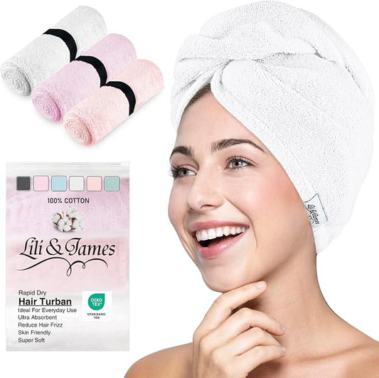 Lili&James 100% Cotton Hair Towel Wrap for Women & Kids – 420 GSM Quick Dry Hair Turban with Double Button Loop, Anti Frizz Non Microfiber Hair Drying Towel for Long & Thick Hair (White+Pink+Lilac)