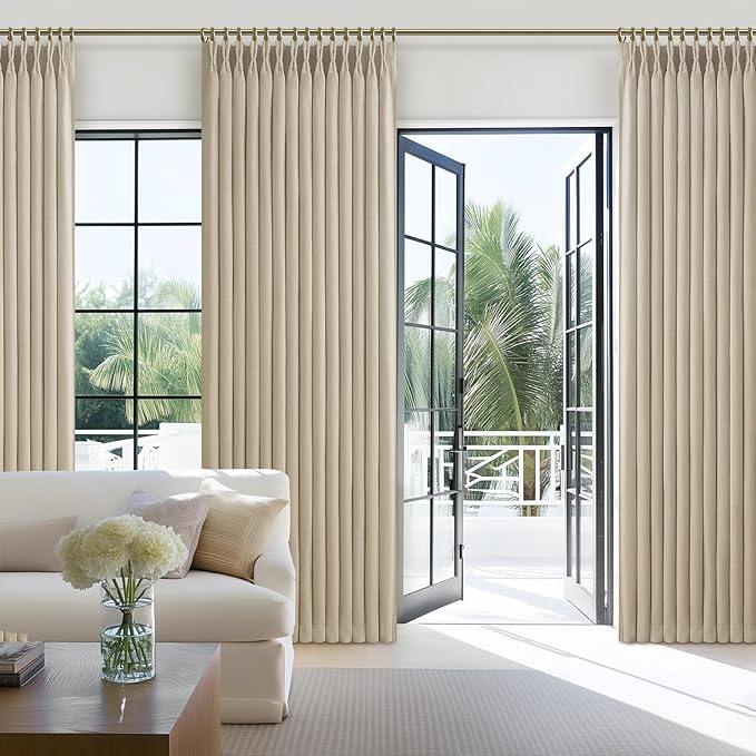 Blackout 70 Inch Extra Wide Floor to Length Curtains 108 Inches Long for Living Room, Memory Shape Pinch Pleat Natural Color 2 Layer Linen Blend Thermal Modern Curtain 9 FT Length Tall Drapes 2 Panels