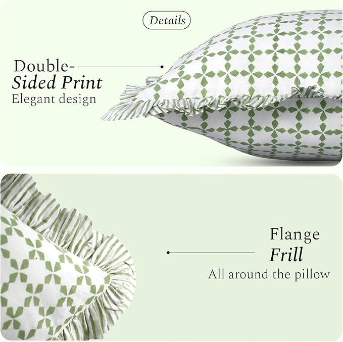 CPC Kelly Green Hand Block Print 100% Cotton Ruffle Throw Pillow Cover 20x20 inch with Hidden Zipper Decorative for Couch, Bed, Sofa, Farmhouse, Cottagecore Decor Gift Christmas Fall Thanksgiving