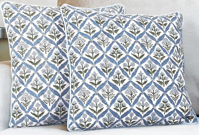 SheetKart Cotton Throw Pillow Covers - Set of 2 - Hand Block Cotton Printed Boho Decorative Pillow Covers - Cushion Covers for Living Room, Bohemian Theme, 16x16 Inches, Floral Blue