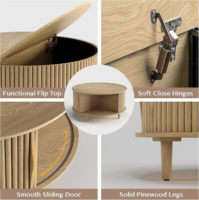 JOINICE 31.5" Round Coffee Table with Storage for Living Room, Natural Oak | Hidden Storage,Fluted Sliding Door,Boho Center Table for Small Apartments,Solid Wood Legs,Easy Assembly,Up to 110 lbs