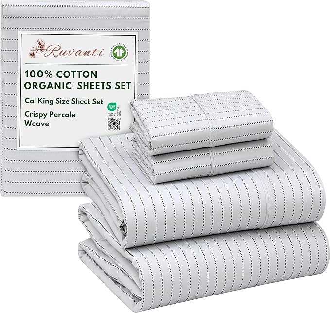 RUVANTI 100% Cotton Organic Percale Sheets Cal King Size – Crisp Cooling Bed Sheets for Hot Sleepers, Deep Pocket 13”, Soft Peach Finish, Breathable & Durable Hotel-Style 4 Pcs, Construction Line