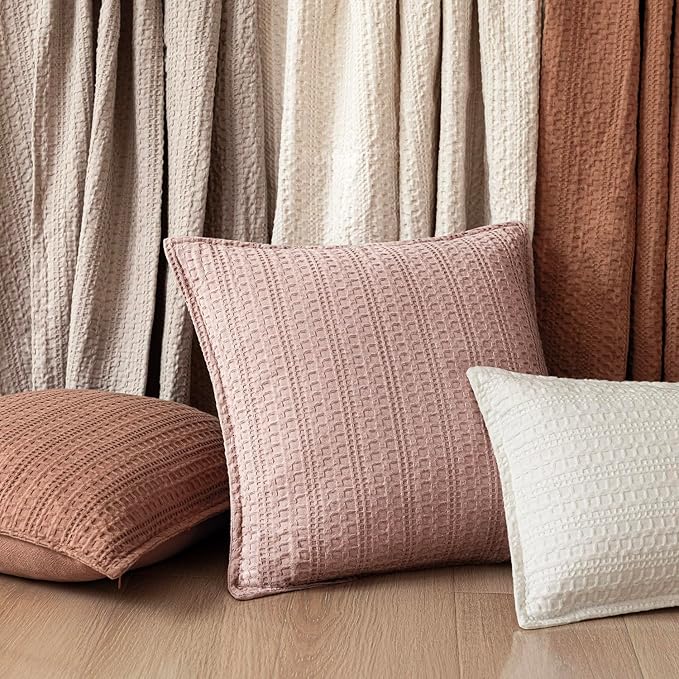 Foindtower Set of 2 Decorative Cotton Waffle Weave Lumbar Throw Pillow Covers Euro Shams Cushion Covers Accent European Pillowcase for Bed Couch Bedroom Living Room Home Decor 12×20 Inch Dusty Pink