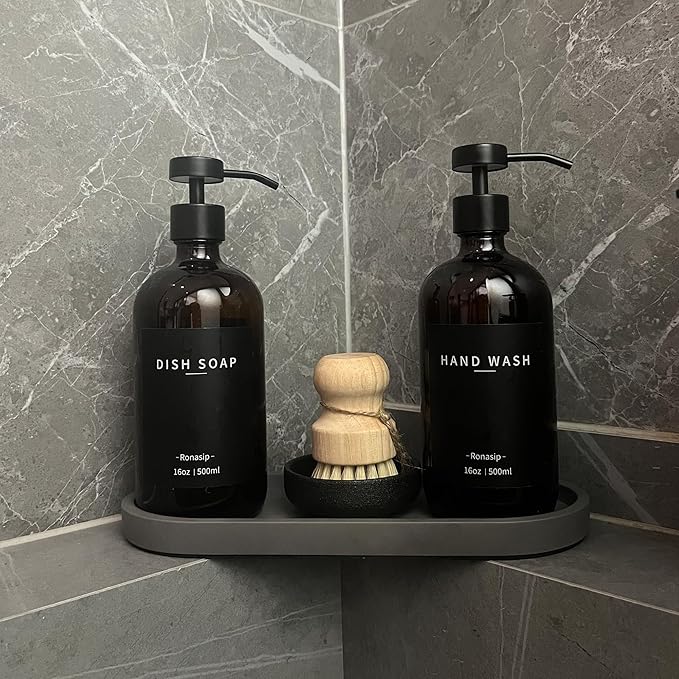 Ronasip Set of 5 Kitchen Soap Dispenser Set 16 Oz Glass Hand Dish Soap Dispenser with Stainless Steel Pump, Cement Tray, Dish Scrub Brush for Farmhouse Rustic Home Bathroom Decor (Brown)