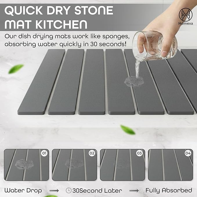 Stone Dish Drying Mat 24" x 16" – Dish Drying Stone Mat – Large Diatomaceous Earth Drying Mat with Non-Slip Base – Quick Dry Kitchen Drying Pad for Dishes, Glassware & Bottles (Solid Dark Grey)