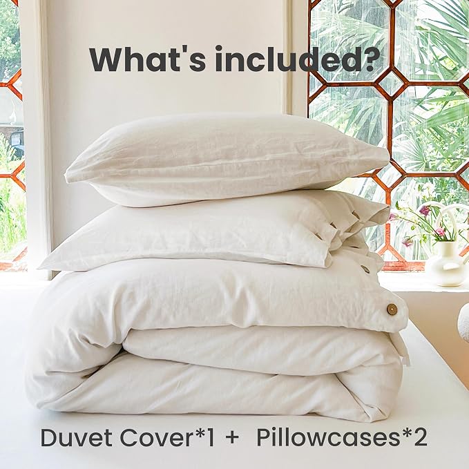 Simple&Opulence 100% Linen Duvet Cover Set 3pcs with Coconut Button Closure Natural French Washed Flax Solid Color Soft Breathable Farmhouse Bedding - White, Full Size
