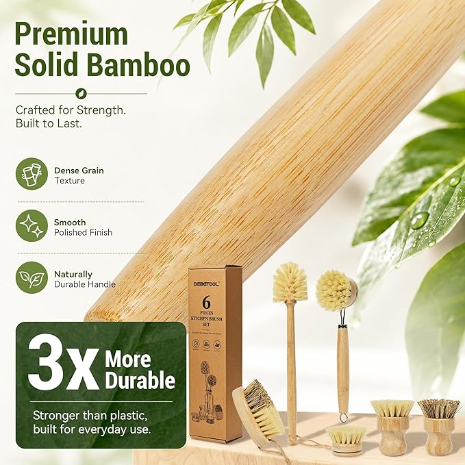 DEBETOOL 6-Piece Bamboo Dish Brush Set - Natural Dish Scrubber with Bottle & Vegetable Brush, Palm & Sisal Bristles, Wooden Dish Brushes for Kitchen Cleaning Pots, Pans, Bottles, Vegetables