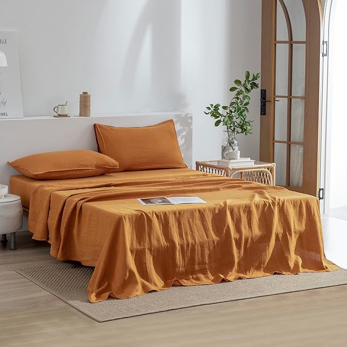 EVERLY Linen Sheets Set California King Size,100% French Stonewash Linen Sheets Set,4Pieces (1Flat Sheet,1Fitted Sheet,2Pillowcase) Suitable for Hot Sleepers,Deep Pocket Natural Bedding Set-Caramel