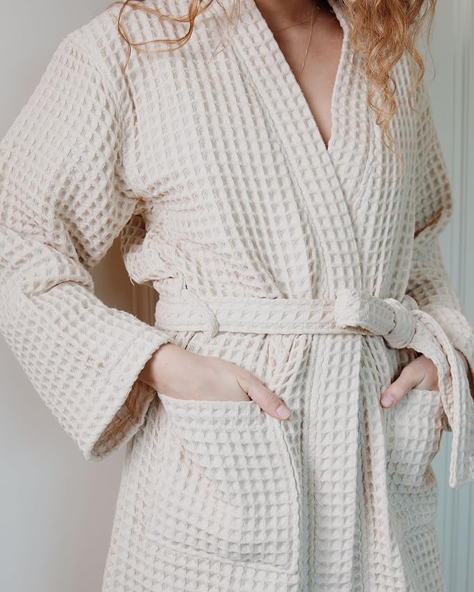 100% Cotton Waffle Kimono Bathrobe for Men & Women, Cozy Leisurewear with Functional Pockets, Comfortable Robe for Relaxation