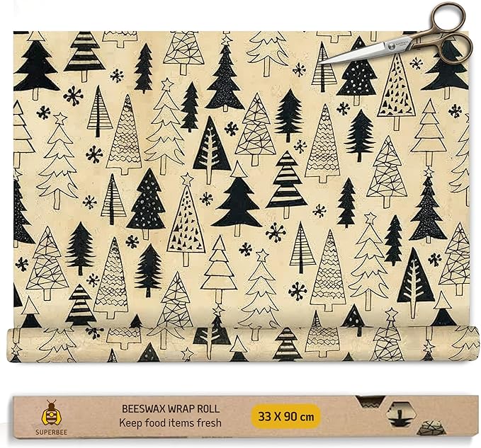 SUPERBEE Reusable Beeswax Wraps for Food – XL Beeswax Wrap Roll (35x13"), Bees Wrap Paper for Wrapping Cheese, Veggies, Sandwiches & Bowl Covers, Festive Holiday Print, Sustainable Gift Idea
