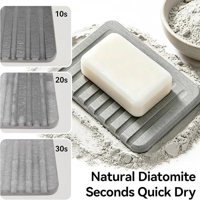 Self Draining Diatomite Stone Soap Dish, Waterfall Drainer Water Absorbing Soap Holder for Bathroom Kitchen Sink, Quick Dry Sponge Holder, Keep Soap Bars Dry Clean & Easy Cleaning (Light Gray)