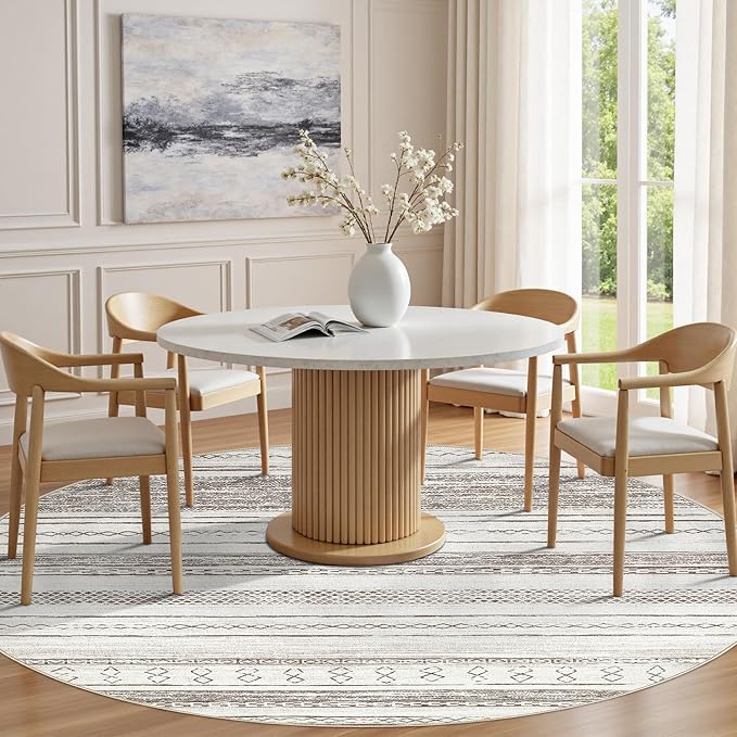 Tortania 5' Round Area Rug Living Room Rugs - Washable Large Soft Neutral Boho Moroccan Bohemian Farmhouse Rug Indoor Floor Carpet for Bedroom Under Dining Table Home Office Decor - Cream/Brown