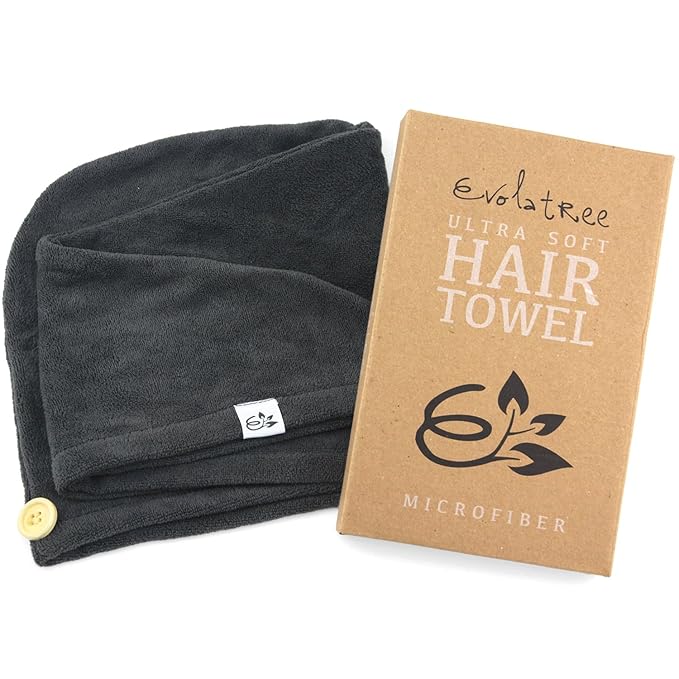 Evolatree Microfiber Hair Towel Wrap for Women – Quick-Dry Anti-Frizz Hair Turban with Wooden Button, Designed in Canada for Mindful Hair Care – Raven Dark Gray