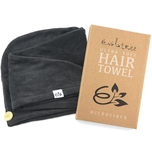 Evolatree Microfiber Hair Towel Wrap for Women – Quick-Dry Anti-Frizz Hair Turban with Wooden Button, Designed in Canada for Mindful Hair Care – Raven Dark Gray