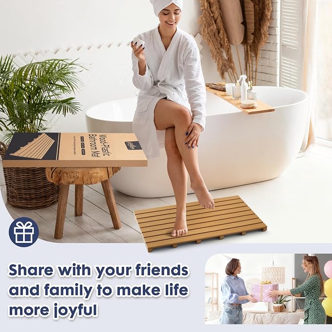 Bamboo-Design Bath Mat, Heavy Duty HDPS Plastic, 31.5"x18", 400lb Support, 100% Waterproof & Fadeproof, Superior to Real Bamboo for Bathroom Shower Spa Sauna Poolside Outdoor (Bamboo Color)