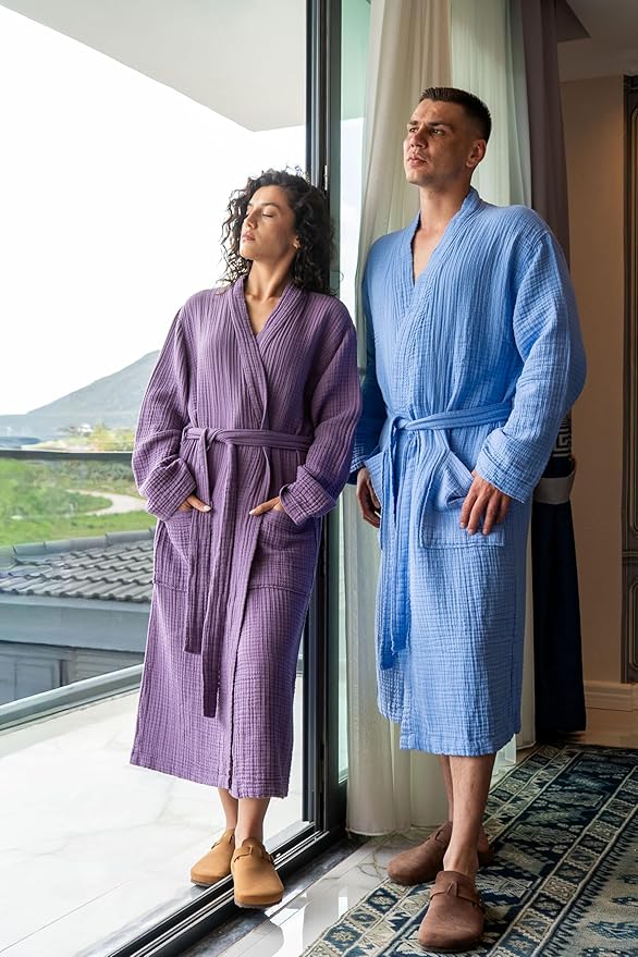 Muslin Unisex Bathrobe Women & Men, 100% Cotton Kimono Lightweight Robe | Long Robes Soft, Absorbent, Spa robes