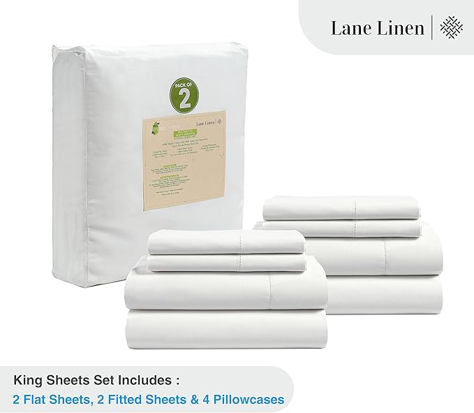 LANE LINEN 100% Organic Cotton King Sheet Set, 4Pc Cotton Sheets King Size, Breathable Bedding Sheet & Pillowcases, Hotel Luxury Bed Sheets Set, 15" Deep Pocket - White King Sheets (2 Pack)