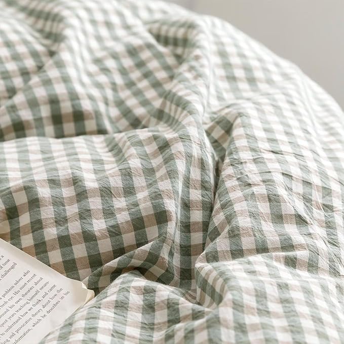 mixinni Green Gingham Ruffle Duvet Cover Full Size 3 Pieces – 100% Washed Cotton, Vintage Plaid Ruffled Bedding Set with Zipper Ties, Soft Checkered Grid Farmhouse Chic Comforter Cover Set