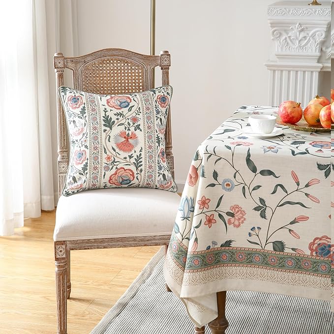 ISAENNE Design Square Retro Elegance Linen Throw Pillow Covers 18"x18" Pack of 2, Green Pink Floral Pattern Cushion Covers Decor Pillowcases for Bed,Living Room,Outdoor,Car