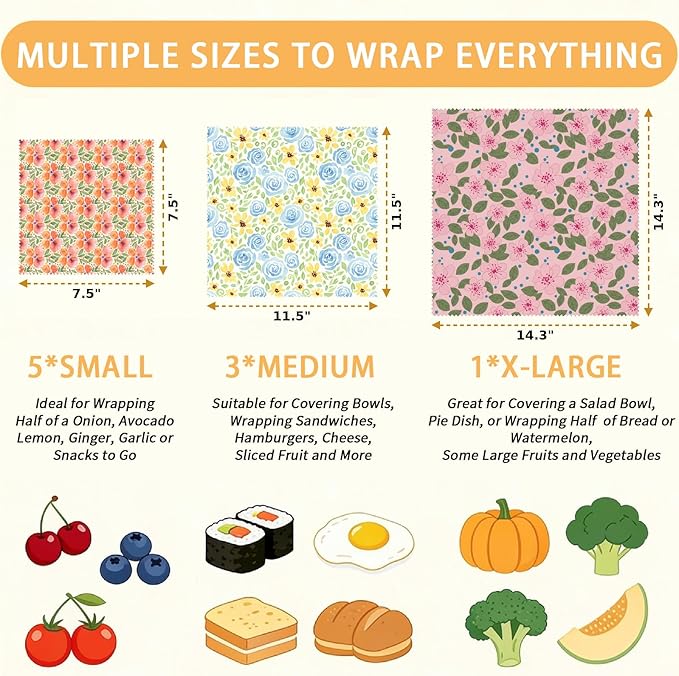 Reusable Beeswax Wraps, 9 Pack, Sandwich Snack Bowl Bread Cover, Organic Sustainable Zero Waste Plastic-Free Food Storage, 1XL 3M 5S, Watercolor Floral Patterns