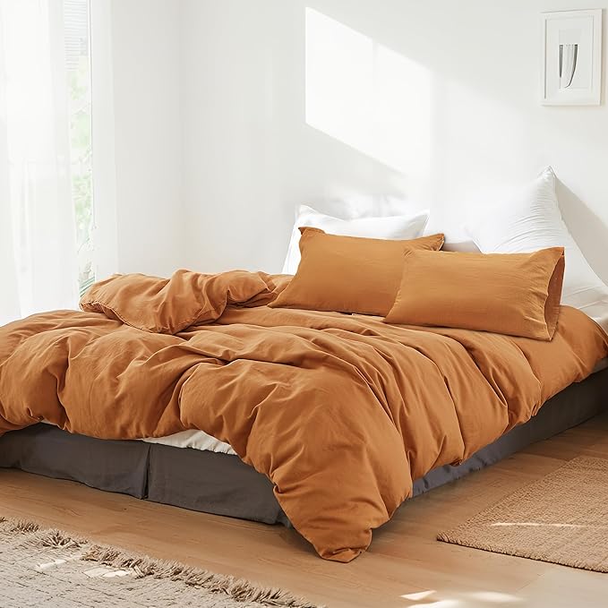 FALUCA French Linen Blend Duvet Cover Set 3Pcs King (104"x92") - Soft, Breathable, Cooling Farmhouse Bedding for Hot Sleeper (King, Rust)