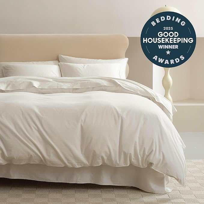Double Stitch Organic Cotton Queen Bundle: 4-Piece Sheet Set & 3-Piece Duvet Cover, 300 TC Sateen Weave, GOTS Certified Long Staple Cotton, Made in India, Coconut Milk