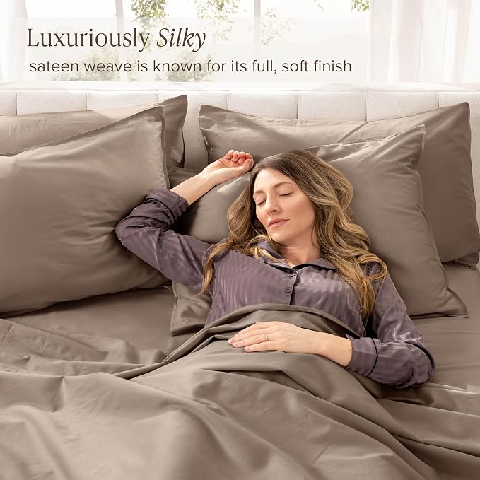 Bare Home 100% Organic Cotton Queen Sheet Set - 400 Thread Count - Smooth Sateen Weave - Breathable & Cooling - Hotel Luxury Set - Deep Pocket Bed Sheets (Queen, Taupe)