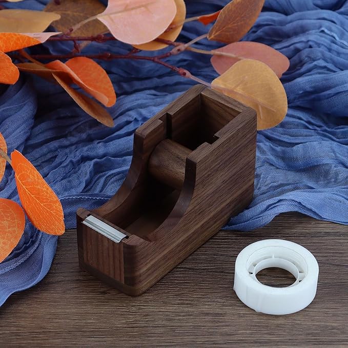 Buqoo Walnut Wood Tape Dispenser with Built-in Pen Holder – All-in-One Desk Organizer for Office/Home School