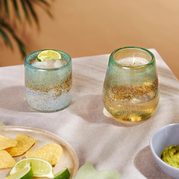 Segunda Vida Playa Bonita Hand-Blown Tumblers, Recycled Drinking Glasses, Coastal Inspired Sea Blue and Sand Design, Mexican Glassware, Decorative Drinkware for Home Bars, 10 oz, Set of 2