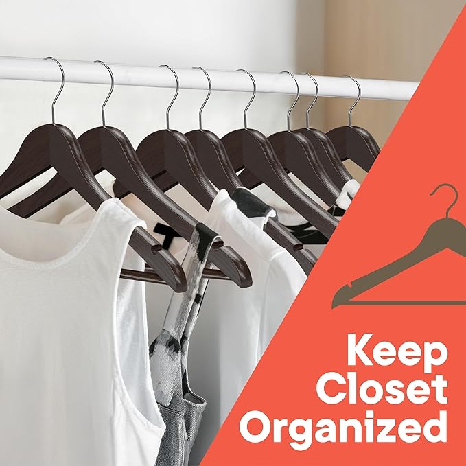 Brown Wooden Hangers 20 Pack – Heavy-Duty with 360° Swivel Hook, Non-Slip, Pants Bar & Shoulder Grooves - Wooden Hangers for Suits, Jackets, Dresses & Camisoles, Space-Saving and Smooth Finish