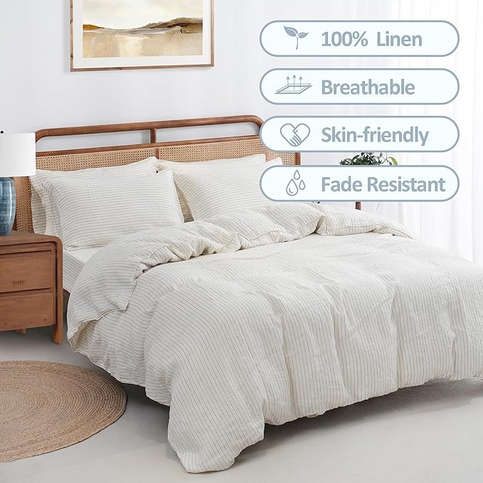 S VICTORY SYMBOL 100% Organic Linen Duvet Cover Set Grey Pinstripe Queen Size,Yarn Dyed French Natural Flax Bedding Set,3pcs Farmhouse Comforter Cover Set