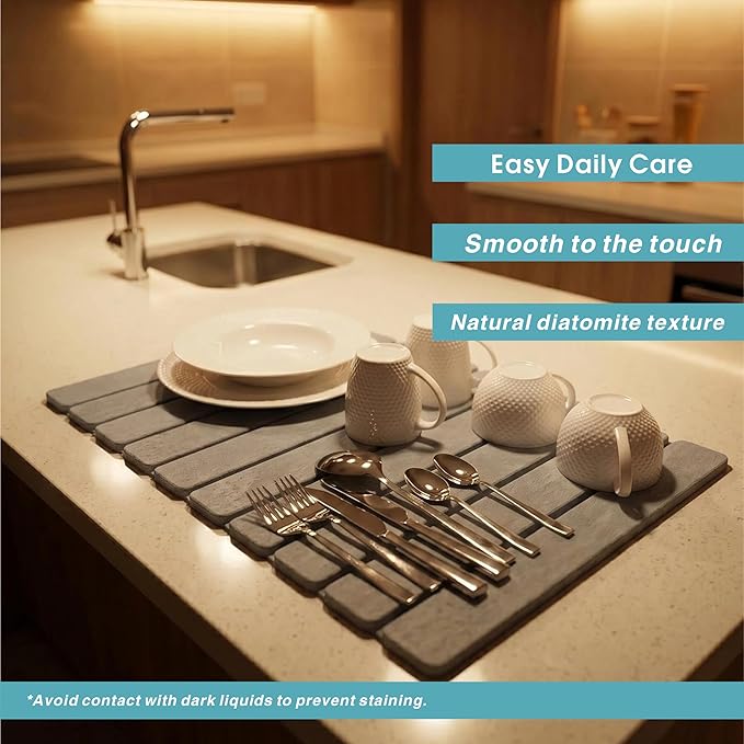 Diatomaceous Earth Stone Dish Drying Mat for Kitchen Counter – Quick Drying Mat Set (1*Large 23"×15.5" & 2*Small 7.5"×4") | Kitchen Drying Mat for Dishes, Cups & Utensils, Sink Mat (Grey)